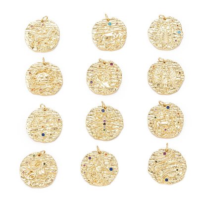 Pendentifs en laiton plaqué or véritable 18 k micro-pavé de zircone cubique, plaqué longue durée, sans cadmium et sans nickel et sans plomb, avec des anneaux de saut, plat rond avec douze constellations