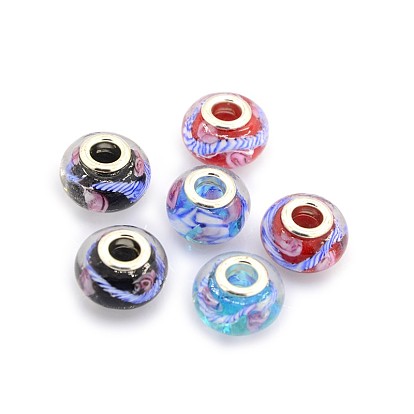 Handmade Lampwork European Large Hole Rondelle Beads, Inner Flower, with Silver Color Plated Brass Double Cores, 14x10mm, Hole: 5mm
