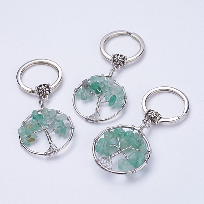 Gemstone Keychain, with Iron Key Rings and Brass Finding, Flat Round with Tree of Life
