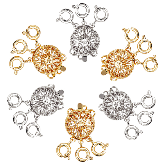 6 наборы 2 цвета 3- прядь 6- отверстие латунные застежки-коробки, многожильные застежки, с застежками пружинного кольца, плоско-круглые