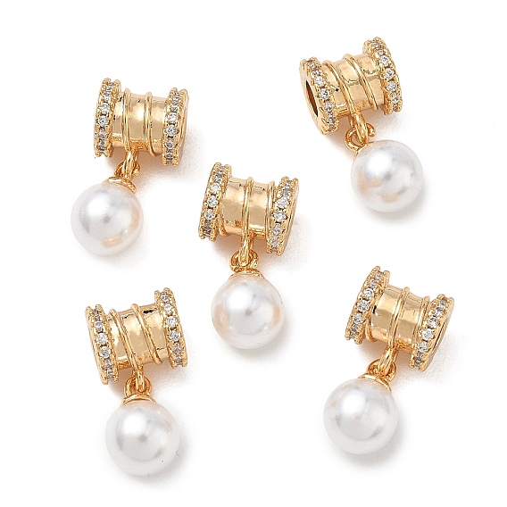 SHEGRACE Brass Micro Pave Cubic Zirconia Tube Beads, with ABS Imitation Pearl, Cadmium Free & Lead Free & Nickel Free