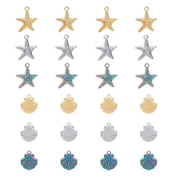 24Pcs 6 Style 304 Stainless Steel Pendants, Shell & Starfish Shape