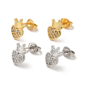 Rack Plating Brass Micro Pave Clear Cubic Zirconia Heart with Crown Ear Studs, Long-Lasting Plated, Cadmium Free & Lead Free