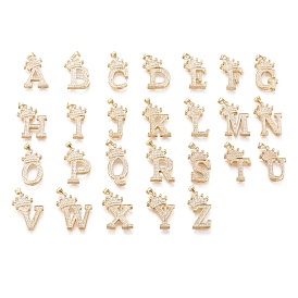 Brass Micro Pave Cubic Zirconia Pendants, Long-Lasting Plated, with Snap on Bail, Real 18K Gold Plated, Alphabet with Crown
