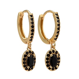 Black Cubic Zirconia Oval Dangle Huggie Hoop Earrings, Brass Drop Earrings for Women, Lead Free & Cadmium Free & Nickel Free