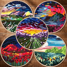 DIY Landscape Pattern Embroidery Kits for Beginners, Including Printed Cotton Fabric, Embroidery Thread & Needles, Embroidery Hoop