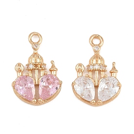Pendentifs en laiton zircon cubique pavé, château avec des charmes en forme de cœur, plaqué longue durée, or