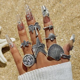 8Pcs 8 Styles Alloy Starfish/Shell Shape/Coconut Tree Finger Rings for Unisex