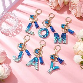 Epoxy Resin Keychian, with Alloy Key Rings & Tassel Pendants, Butterfly, Letter A~Z