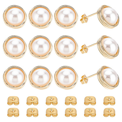 12 шт. латунные серьги-гвоздики, с абс пластмассовой имитационной жемчужиной, петля, полукруглый, кремово-белые, без никеля , с латунными ушными гайками 12шт.