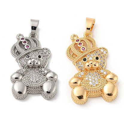 Brass Micro Pave Cubic Zirconia Pendants, Long-Lasting Plated, Bear