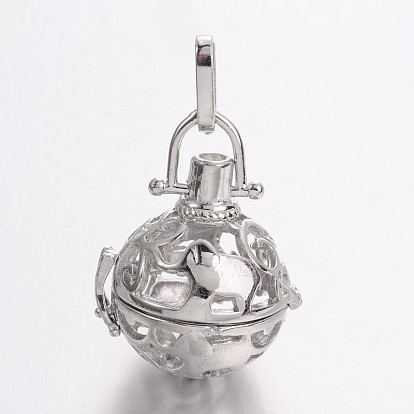 Estante ecológico plateado hueco de latón redondo con colgantes de jaula de elefante, para hacer collares con colgantes de bolas de campana, sin cadmio y níque y plomo, 35x22 mm, agujero: 9x4 mm
