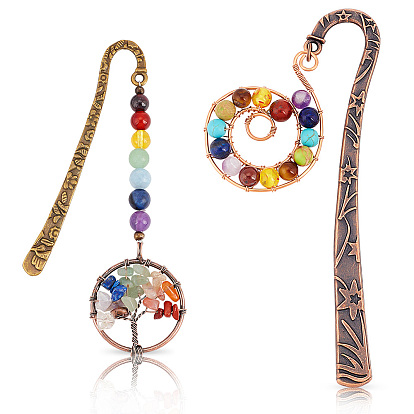 Ahademaker 2 piezas 2 estilo tibetano tallado aleación colgante marcadores, Marcadores de libros con cuentas de piedras preciosas, árbol de la vida y vórtice