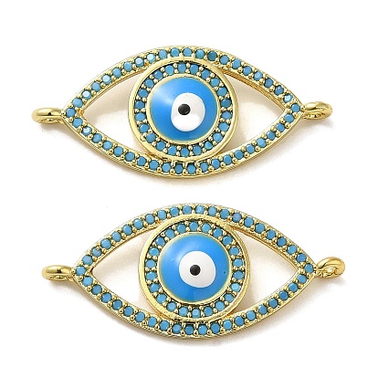 Rack Plating Brass Micro Pave Cubic Zirconia Connector Charms, Eye Links with Evil Eye Enamel, Long-Lasting Plated, Lead Free & Cadmium Free, Real 18K Gold Plated