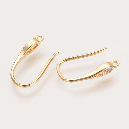 Brass Cubic Zirconia Earring Hooks, Ear Wire, with Horizontal Loop, Nickel Free, Real 18K Gold Plated