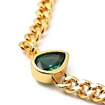Cubic Zirconia Teardrop Link Bracelet with Curb Chains, Gold Plated Brass Jewelry for Women, Lead Free & Cadmium Free