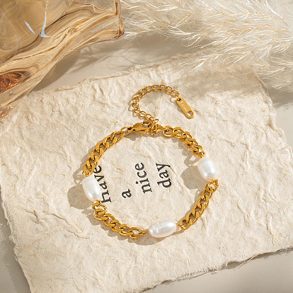 Браслеты из натурального пресноводного жемчуга, 304 кубинская цепочка из нержавеющей стали для женщин