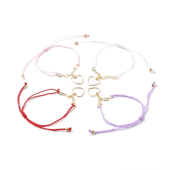 Adjustable Nylon Thread Charm Bracelets, with Brass Charm and Link, Heart