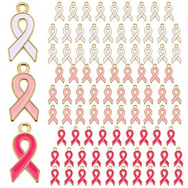 90Pcs 3 Colors Light Gold Plated Alloy Enamel Pendants, Cadmium Free & Lead Free, October Breast Cancer Pink Awareness Ribbon