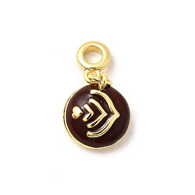 Латунные кокосово-коричневые эмалевые плоские круглые европейские подвески с сердцем, Подвески с большими отверстиями, долговечный, стойки покрытие, без кадмия и без свинца