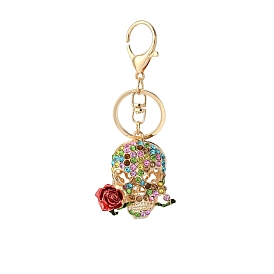 Skull Rose Keychain, Metal Rhinestone Gothic Style Factory Stock Personality Trendy Bag Hanging Chain