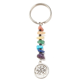 Llaveros con cuentas de piedras preciosas naturales y sintéticas de chakras, Con dijes de aleación del árbol de la vida.