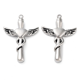 304 Stainless Steel Pendants, Cross with Heart Wing Charm