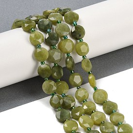 Natural Chinese Jade Beads Strands, Faceted Pentagonal Cut, Flat Round, with Seed Beads