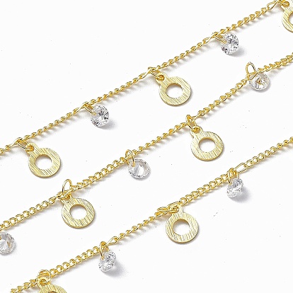 Handmade Brass Curb Chains, with Ring & Clear Cubic Zirconia Charms, Soldered, with Spool