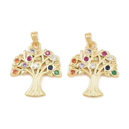 Brass Micro Pave Colorful Cubic Zirconia Pendants, Tree Charms