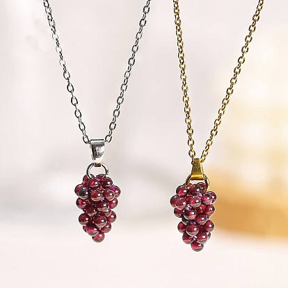 Natural Garnet Pendant Necklaces, Titanium Steel Cable Chain Necklaces for Women