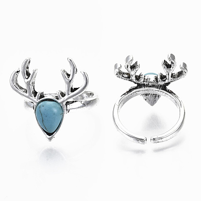 Synthetic Turquoise Cuff Finger Rings, Open Rings, with Zinc Alloy Findings, Cadmium Free & Lead Free, Christmas Reindeer/Stag