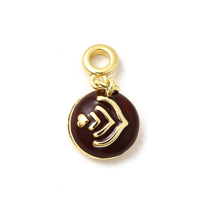 Латунные кокосово-коричневые эмалевые плоские круглые европейские подвески с сердцем, Подвески с большими отверстиями, долговечный, стойки покрытие, без кадмия и без свинца