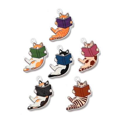 Printed Alloy Pendants, Cat Shape with Book Charms
