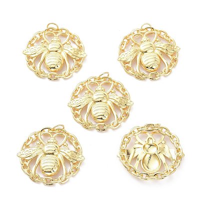 Brass Pendants, Long-Lasting Plated, Flat Round with Bees