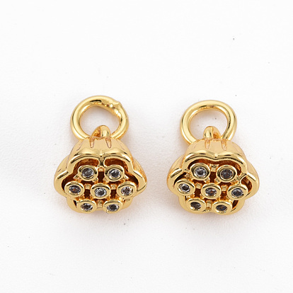 Brass Clear Cubic Zirconia Charms, Nickel Free, with Jump Rings, Lotus Nut