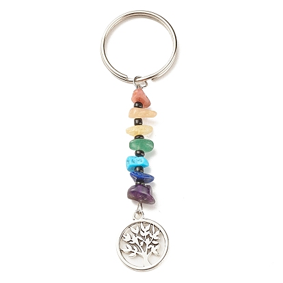 Llaveros con cuentas de piedras preciosas naturales y sintéticas de chakras, Con dijes de aleación del árbol de la vida.