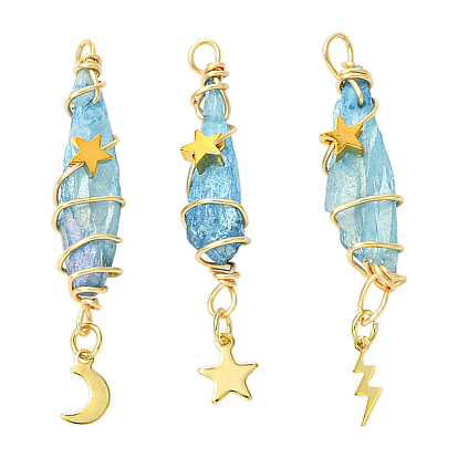 3 шт 3 стили гальванизированный натуральный кварцевый кристалл большие подвески, подвески-слезинки из медной проволоки с драгоценными камнями 304 из нержавеющей стали с луной, звездами и молниями, золотые