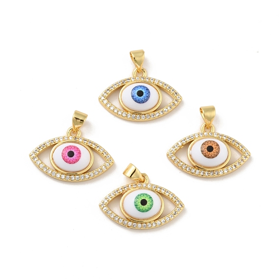 Brass Micro Pave Cubic Zirconia Pendants, with Acrylic, Cadmium Free & Lead Free, Long-Lasting Plated, Evil Eye, Real 18K Gold Plated