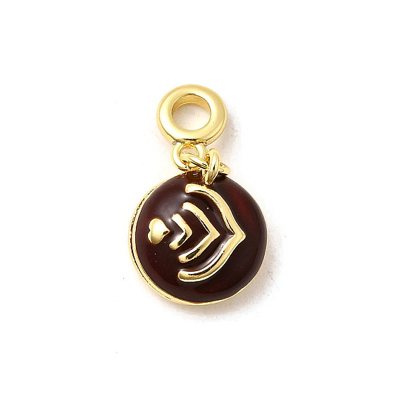 Латунные кокосово-коричневые эмалевые плоские круглые европейские подвески с сердцем, Подвески с большими отверстиями, долговечный, стойки покрытие, без кадмия и без свинца