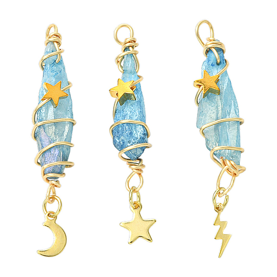 3 шт 3 стили гальванизированный натуральный кварцевый кристалл большие подвески, подвески-слезинки из медной проволоки с драгоценными камнями 304 из нержавеющей стали с луной, звездами и молниями, золотые