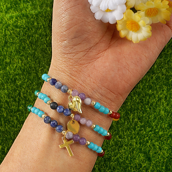 Браслеты из натуральных смешанных круглых бусин из драгоценных камней, эластичные, браслеты с подвесками из сплава для женщин, с открытки