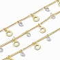 Handmade Brass Curb Chains, with Ring & Clear Cubic Zirconia Charms, Soldered, with Spool