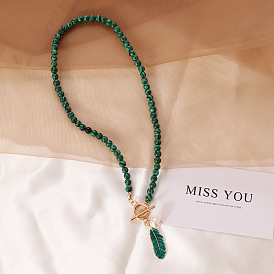 Enamel Feather & Plastic Pearl Pendant Necklace with Synthetic Malachite Beaded, Gemstone Jewelry for Women