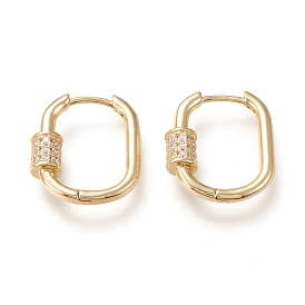 Brass Micro Pave Clear Cubic Zirconia Huggie Hoop Earrings, Long-Lasting Plated, Oval with Column