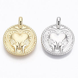 Brass Pendants, Nickel Free, Flat Round, Hands Hold Heart, for Mother's Day