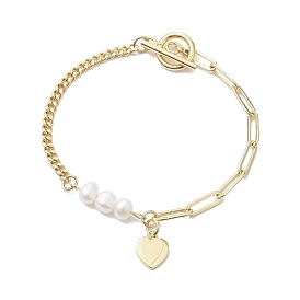 Perles de culture d'eau douce naturelles, chaînes à trombone, bracelets à breloques en forme de cœur avec fermoirs à bascule pour femmes