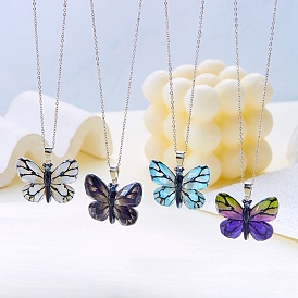 Butterfly Resin Pendant Necklaces, Stainless Steel Cable Chain Necklaces, Stainless Steel Color