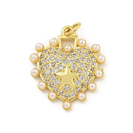 Rack Plating Brass Pave Cubic Zirconia Pendants, with ABS Imitation Pearl, Cadmium Free & Lead Free, Long-Lasting Plated, Heart with Star Pattern