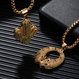 Exquisite Brass Clear & Green Cubic Zirconia Pendant Box Chain Necklaces, Golden